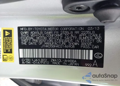 2013 Lexus Ct 200H z USA, uszkodzony, nr VIN JTHKD5BH4D2146908